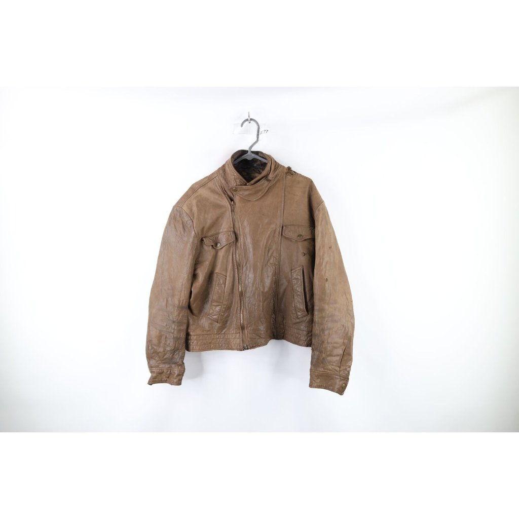 Vintage 80s Streetwear 42 Thrashed Leather Cafe Racer Bomber Jacket Brown As Is